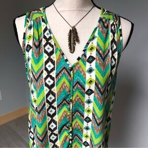 Mi Ami Chartreuse Green Print Boho Woodland Sleeveless Top Size Medium